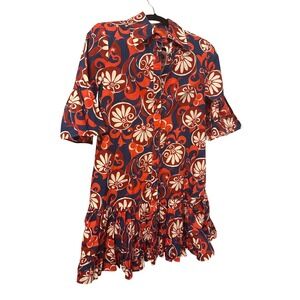 LA DOUBLEJ Womens Dress Floral Print Button Down Ruffle Hem Bell Sleeve 2